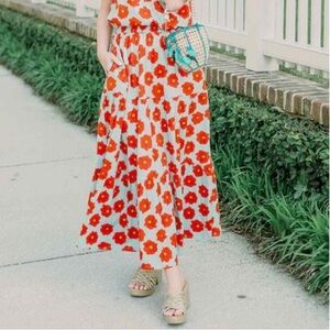 Victoria Dunn | Camellia Dancing Daisy Tiered Maxi Skirt 100% Cotton Aqua Red